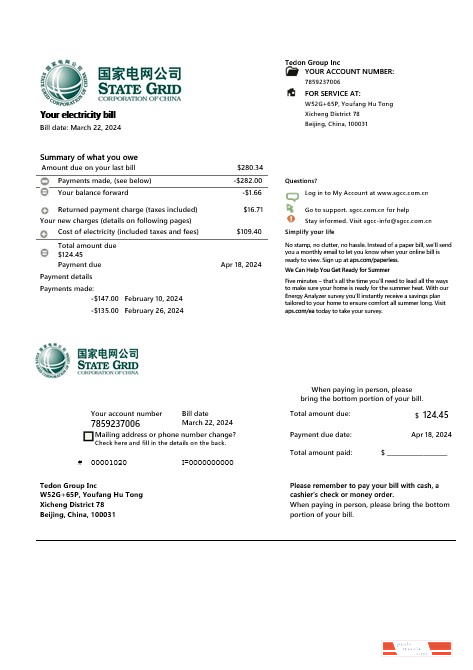 China State Grid Corporation of China electricity business utility bill in word and pdf formats